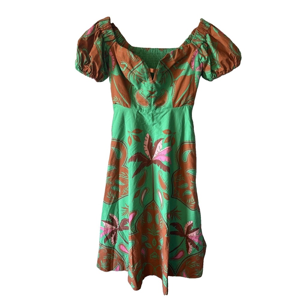 Maeve Anthropologie Green Puff Sleeve Sweetheart Midi Dress Size 6 OB1796592